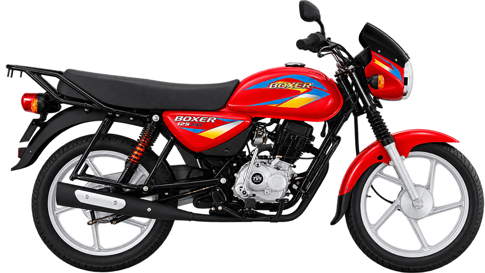 Red Bajaj Boxer 125 HD motorcycle, side view