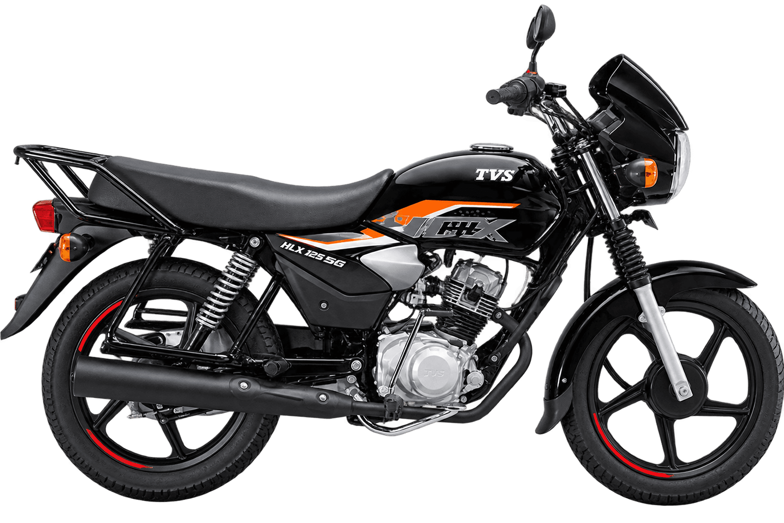 Black and orange TVS HLX 125 5G motorcycle, side view