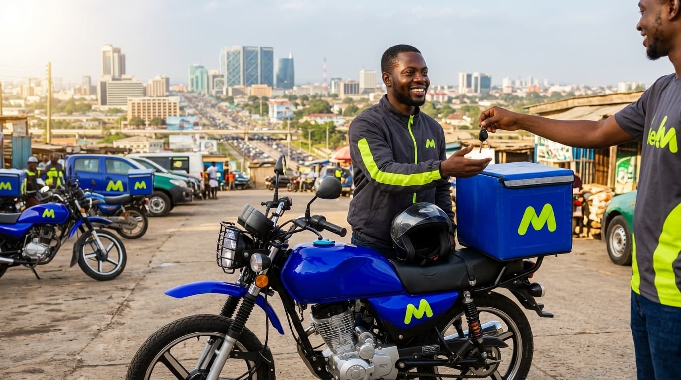 A Meeba rider receiving a motorcycle